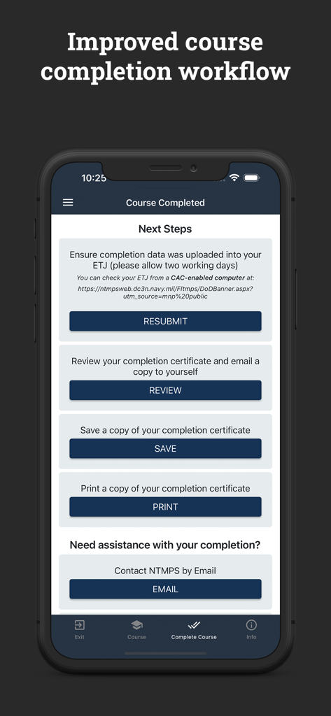 Screenshot of the PMK-EE app showing the course completed screen with options to resubmit data, review, save, and print the completion certificate.