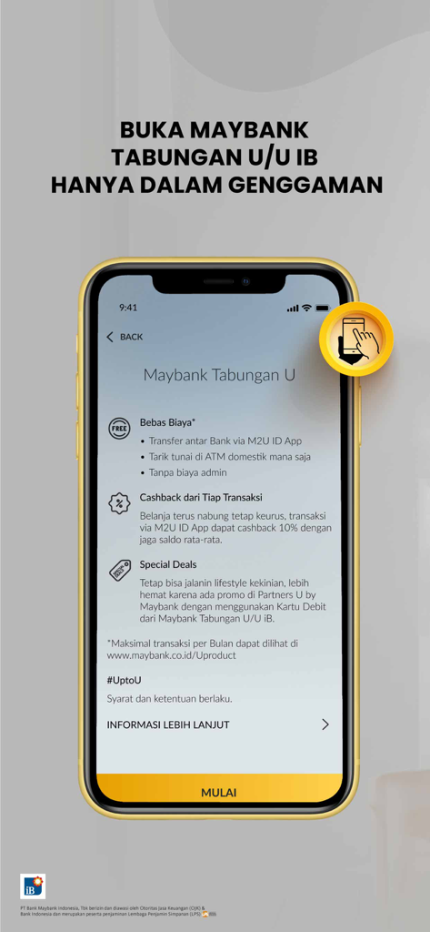 Maybank2u ID mobile App-Oberfläche, die die Funktionen und Vorteile des Maybank Tabungan U Sparkontos hervorhebt