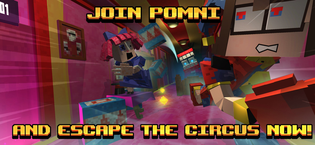 Crafty Amazing Digital Circus - Pomni and Ragatha characters escaping the digital circus in a blocky world