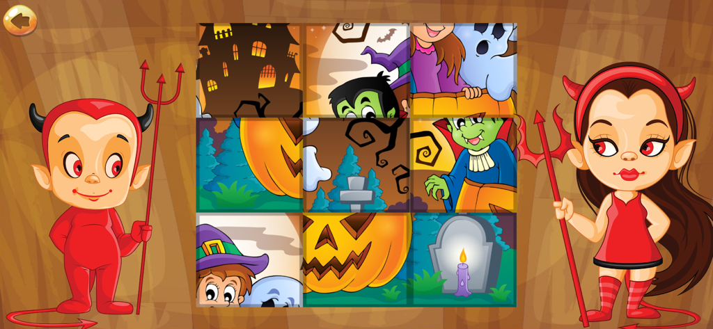 Halloween Puzzle Game for Kids - A Halloween themed 3x3 grid puzzle game for kids featuring cartoon characters and two children in devil costumes