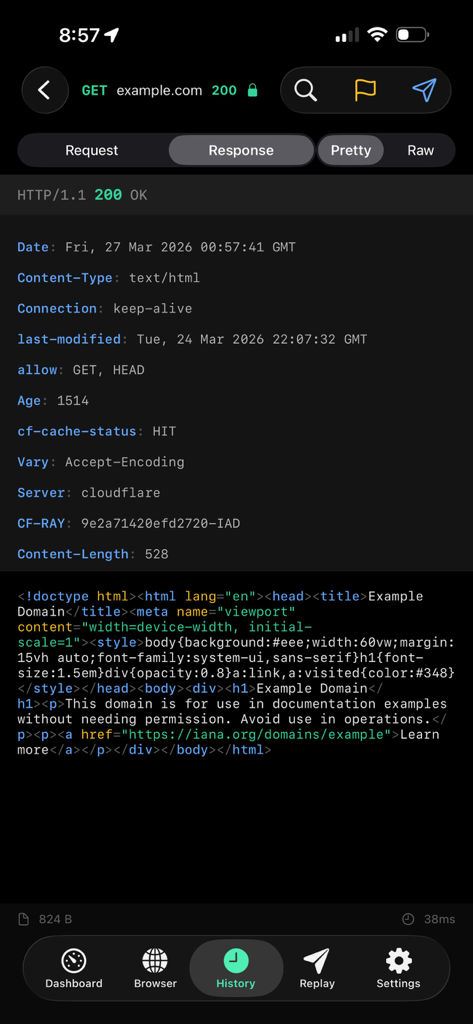 Mitmo - Screenshot of Mitmo app showing detailed HTTP response headers and source code for example.com
