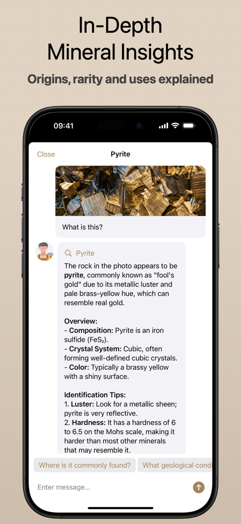 Rock Identifier - AI Scanner - A mobile app screen displaying detailed AI-powered insights and identification tips for a pyrite mineral