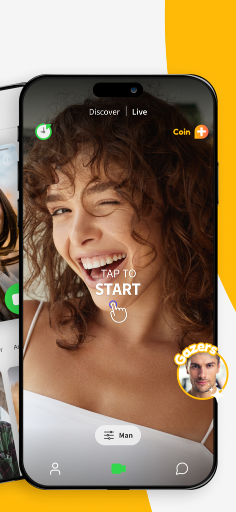 Mobile screen showing Gaze app live video chat with start button