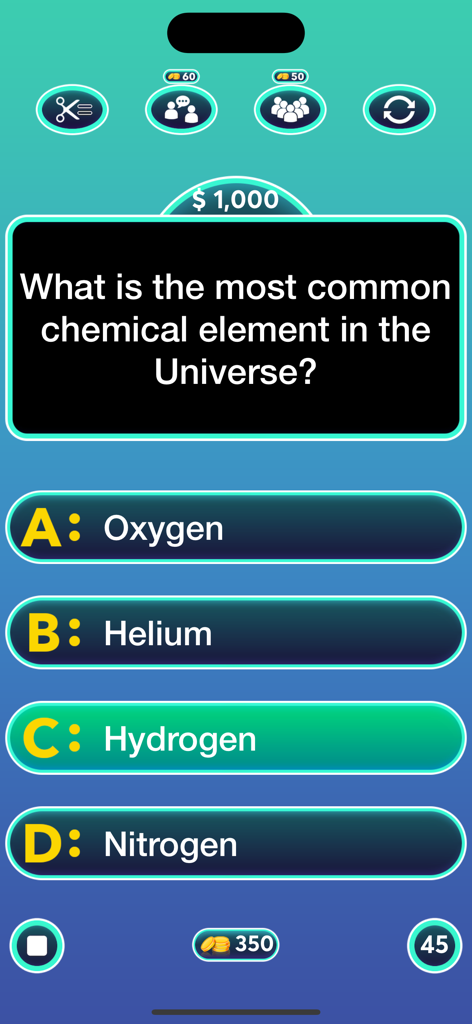 General Knowledge : Quiz Game - General Knowledge Quiz Game interface showing a science question with multiple choice options and lifelines.