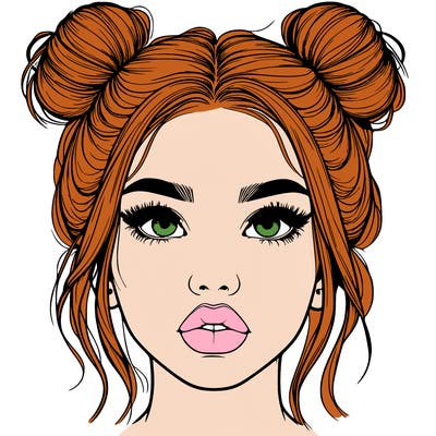 realistic girl with two buns on her hair and lips