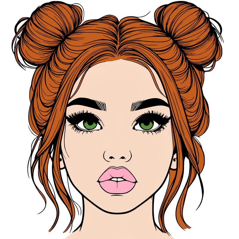 realistic girl with two buns on her hair and lips