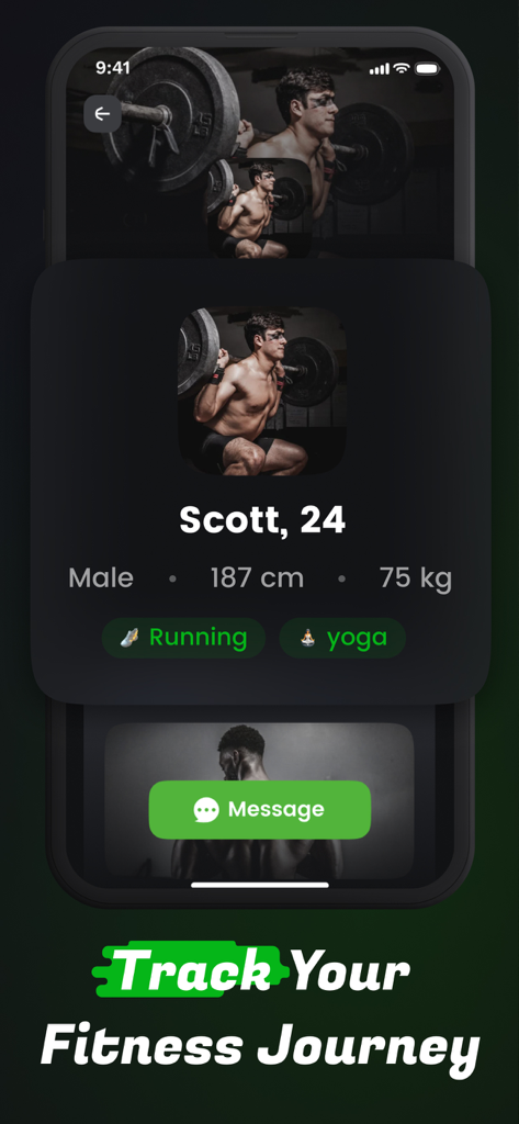 Fierr: Where Flow Meets People - A user profile on the Fierr app showing fitness stats and interests with the text Track Your Fitness Journey