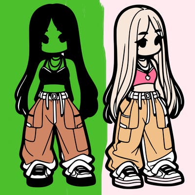 girl in baggy pants crop top and long hair