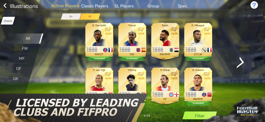 Collection of officially licensed player cards in Football Master Soccer Legend including Mbappe and Salah.