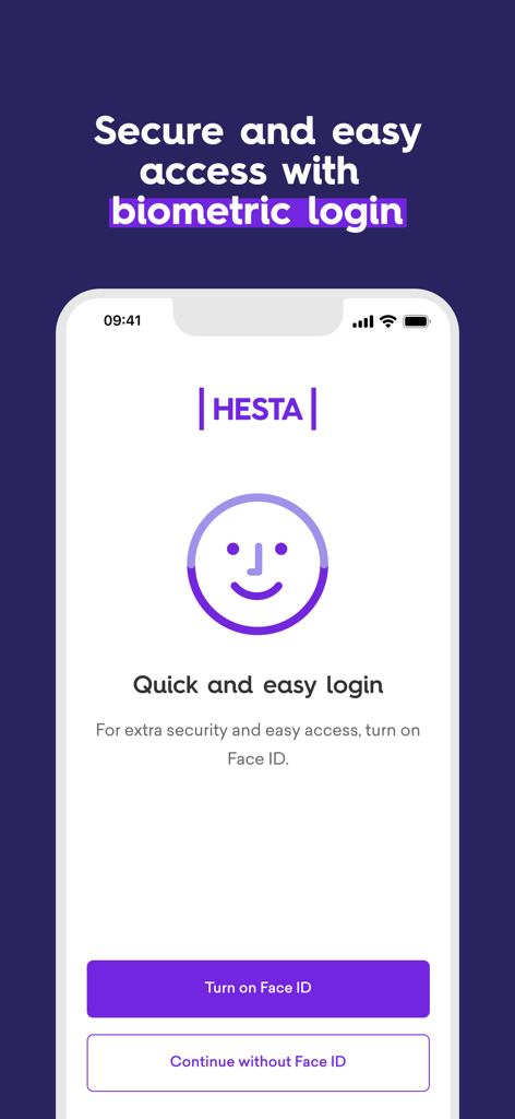 HESTA - HESTA app login screen featuring biometric Face ID setup for secure access