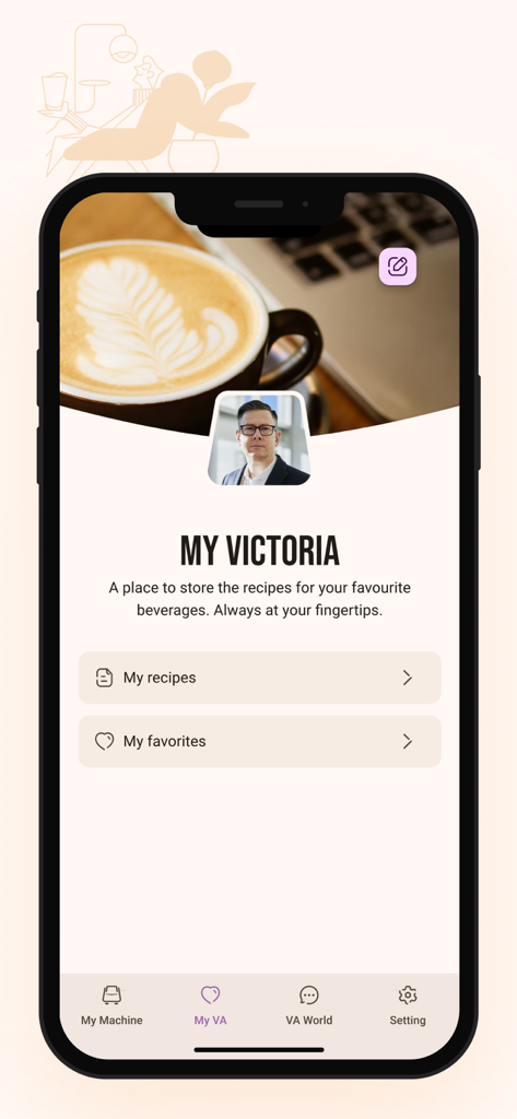 Victoria Arduino E1 Prima - Victoria Arduino E1 Primaアプリのユーザープロファイル画面。レシピと「お気に入り」セクションが表示されています。
