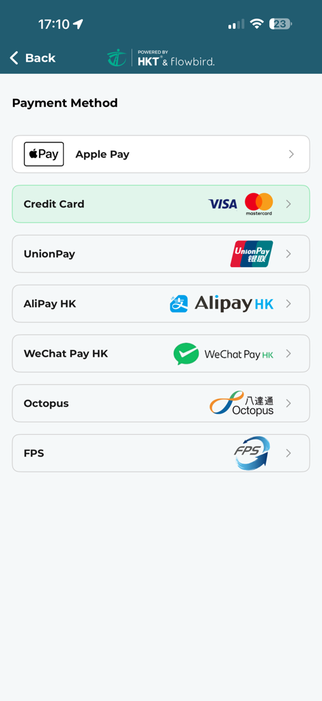 HKeMeter - HKeMeter mobile app screen displaying multiple electronic payment options including Apple Pay and credit cards