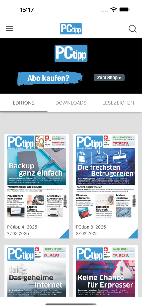 PCtipp E-Paper - Interface of the PCtipp E-Paper app showing a grid of digital magazine editions