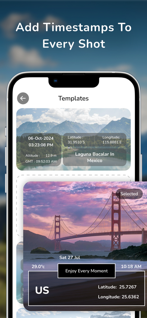 MapStamp - GPS Map Camera - MapStamp app interface displaying professional photo templates with integrated GPS coordinates and timestamps