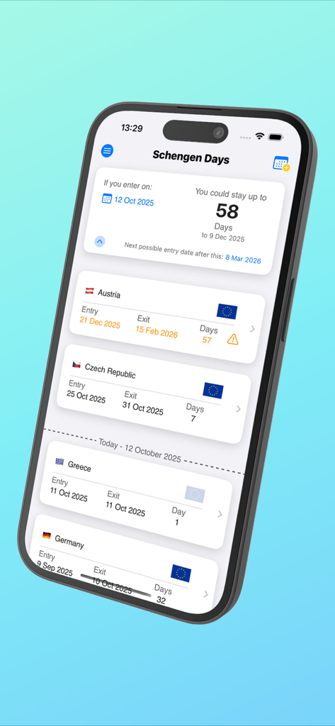 Interface of the Schengen Days Calculator app showing travel logs for European countries and remaining allowed stay days