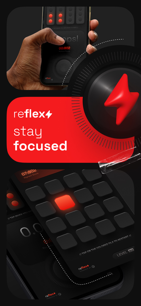 Reflex Club: Reaction Game - Reflex Club app interface for reaction speed training with stay focused text