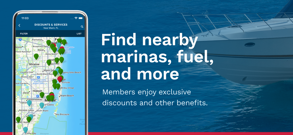 BoatUS app showing a map of nearby marinas and fuel discounts for members next to a white boat on the water