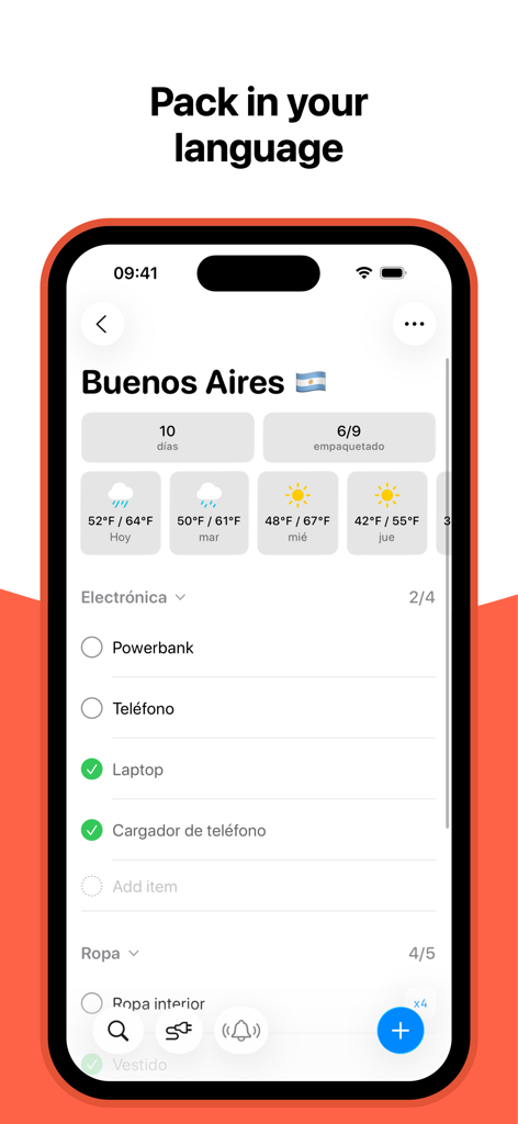 Packing List – Pack, Repeat - Una pantalla móvil que muestra la aplicación Lista de Equipaje con una lista de viaje en español y actualizaciones meteorológicas para Buenos Aires.