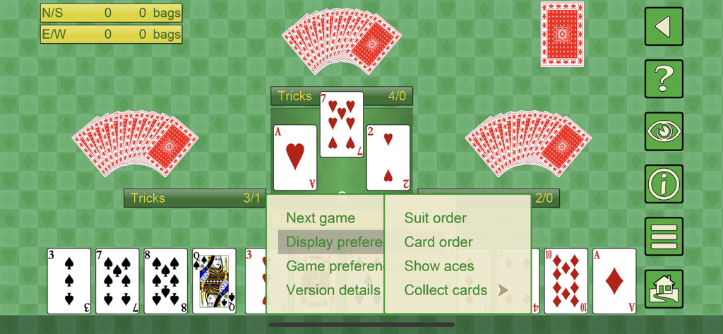 Spades V+, classic card game - A gameplay screenshot of Spades V+ featuring a card game match with an open display preferences menu on a green background.