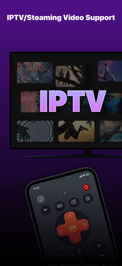 AI Remote app interface showing IPTV streaming support and a smartphone as a TV remote controller