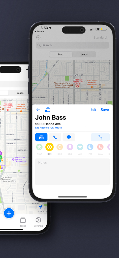 Knock It Pro - Knock It Pro app screen showing lead details and status tracking for field sales agents.