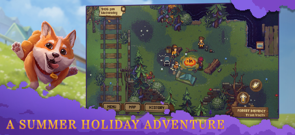 Bloomtown gameplay screenshot showing characters around a campfire in the forest with a happy corgi illustration.