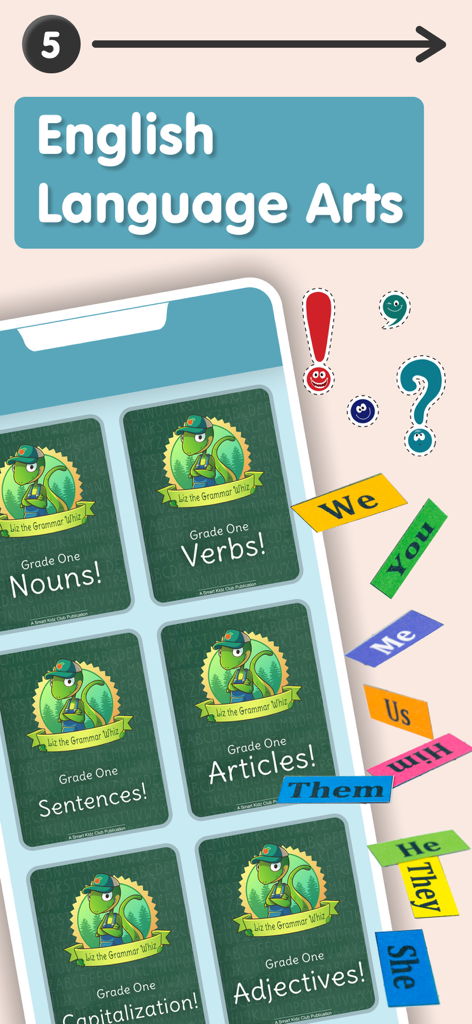 Educational app interface displaying first grade English Language Arts topics including nouns and verbs