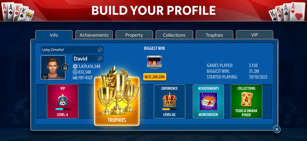プレイヤーの統計、レベル、トロフィーが表示されたオマハ・ポーカー：Pokeristのユーザープロフィール・インターフェース