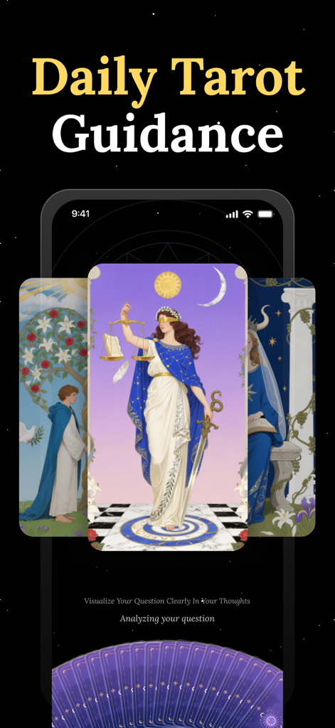 Lunaria AI - Soulmate Drawing - Pantalla de guía diaria de tarot en la aplicación Lunaria AI que presenta cartas místicas ilustradas