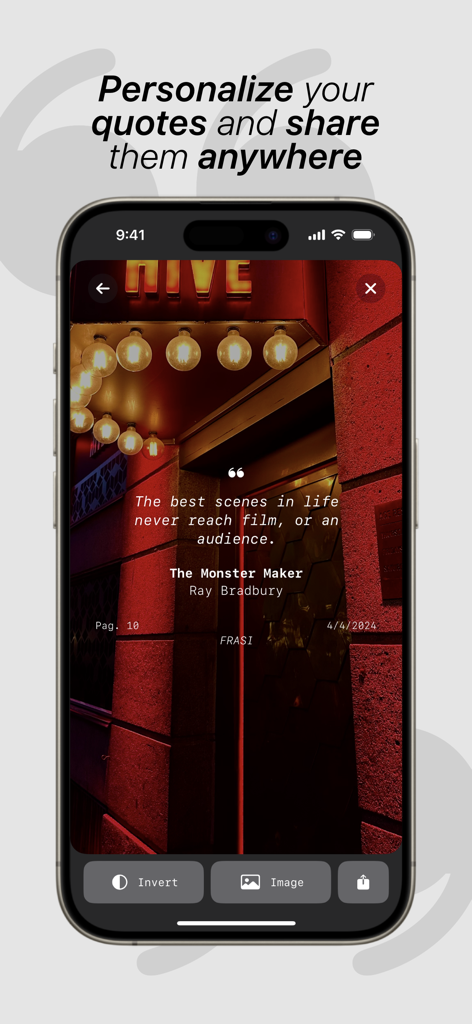 Interfaz de la aplicación FRASI mostrando una cita de libro personalizada de Ray Bradbury sobre un fondo de imagen cinematográfica