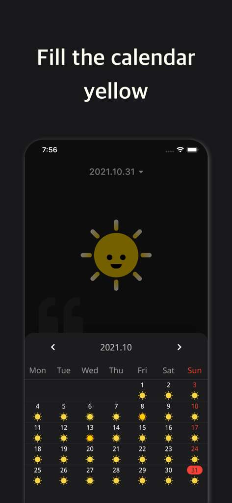 Happy Typing - Affirmations - A habit tracking calendar screen within the Happy Typing app showing daily progress with yellow sun icons