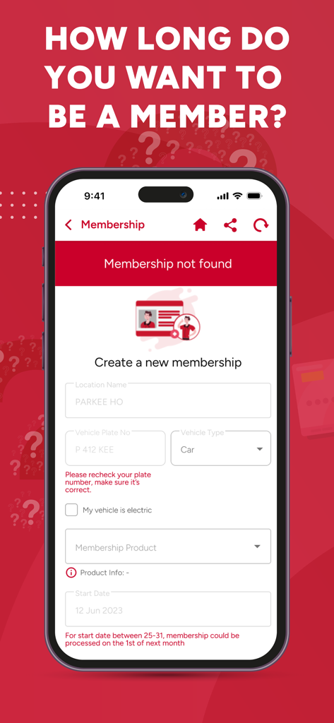 PARKEE - Una pantalla de smartphone que muestra el formulario de registro de membresía de la aplicación PARKEE para suscripciones de estacionamiento.