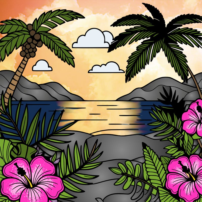 a tropical scene featuring palm leaves, hibiscus flowers, and ferns.