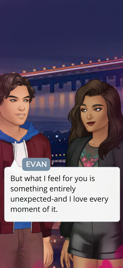Secrets by Episode NETFLIX - Una scena di dialogo romantica dal gioco di storie interattive Secrets by Episode NETFLIX con il personaggio Evan.