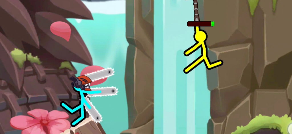 Stickman Clash Mobile - A blue stickman with multiple chainsaws fighting a yellow stickman character near a waterfall