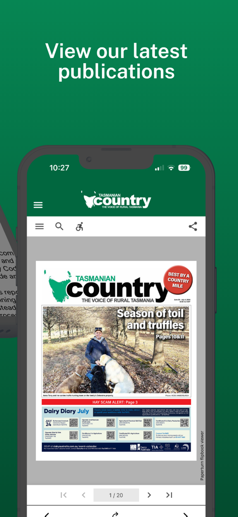 Tas Country - Tas Country app interface showing a digital edition of the Tasmanian Country newspaper for rural news.
