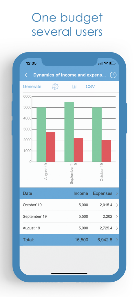 A bar chart and table comparing monthly income and expenses in the budget tracking app