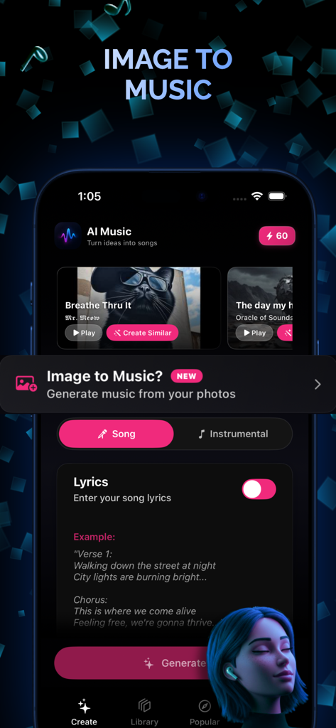 Ai Music : Ai Song Generator - AI Musicアプリのインターフェイス。「Image to Music」機能を紹介しており、ユーザーは写真から曲を生成し、組み込みの歌詞エディタを使用できます。
