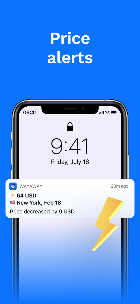Cheap flights – WayAway - WayAway smartphone notification showing a flight price decrease for New York