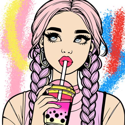 realistic girl with braided hair drinking boba