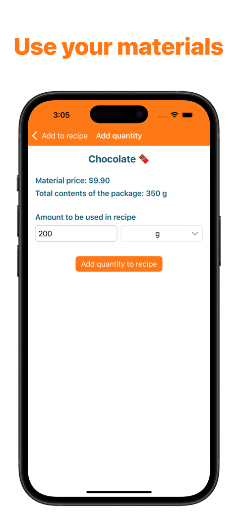 Interface of the Recipe Cost Calculator app showing how to add an ingredient like chocolate with its material price and quantity for a recipe