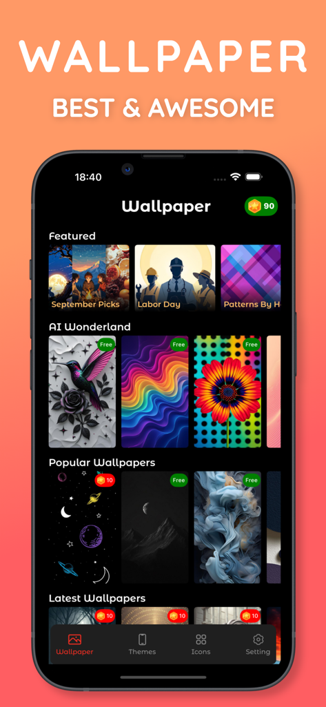 Wallcraft - 4K HD Wallpapers - Interfaz de la aplicación Wallcraft mostrando varias categorías de fondos de pantalla 4K HD y arte generado por IA en una pantalla de iPhone.
