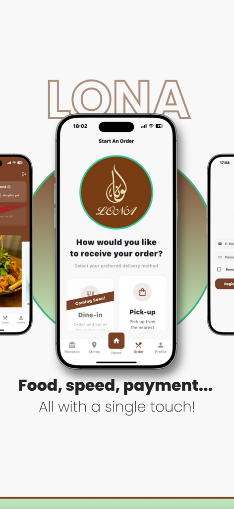 Interfaz de la app Lona Grill House que muestra la pantalla de selección de pedido para recoger.