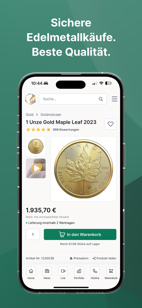 Kettner Edelmetalle App - Kettner Edelmetalle Mobile App-Oberfläche mit einer Unze Gold Maple Leaf Münze mit Preis- und Kaufoptionen.