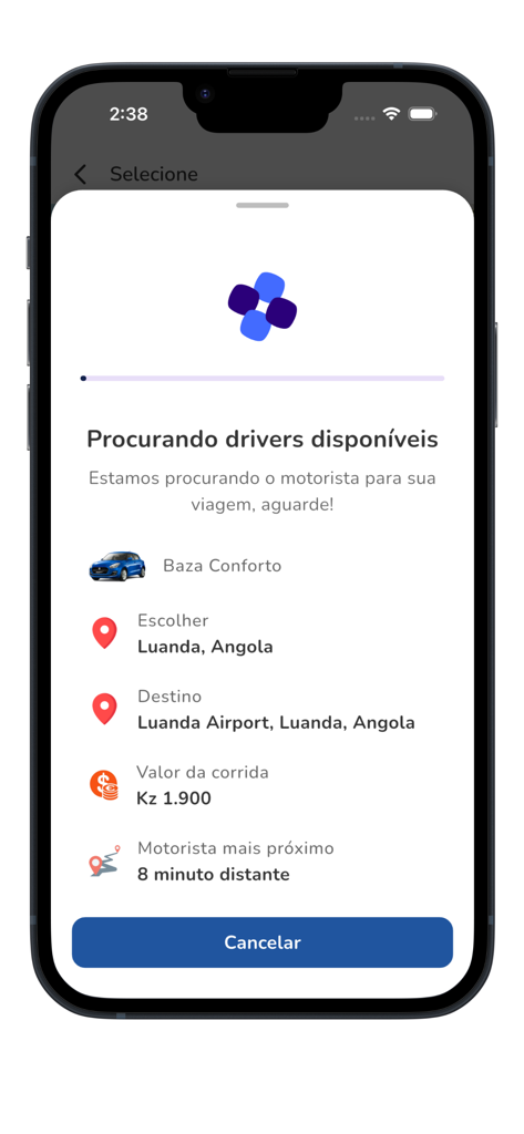 Vambazar - Smartphone display of the Vambazar app searching for an available driver for a trip to the airport.