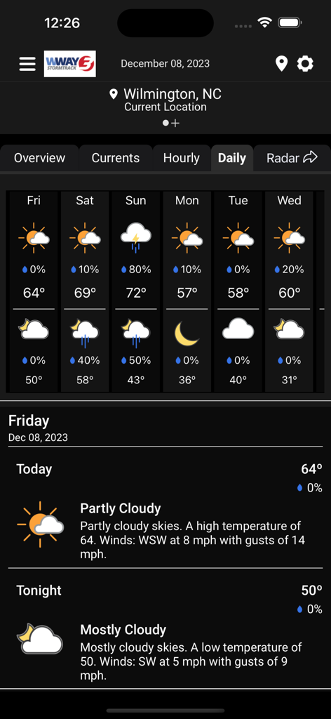 Previsioni meteo giornaliere per Wilmington North Carolina sull'app WWAY StormTrack 3 che mostra una prospettiva di sei giorni e dettagli meteo locali