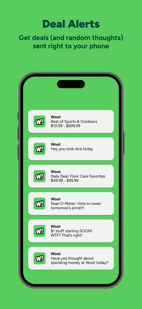 A smartphone screen displaying various quirky and humorous deal notifications from the Woot app.