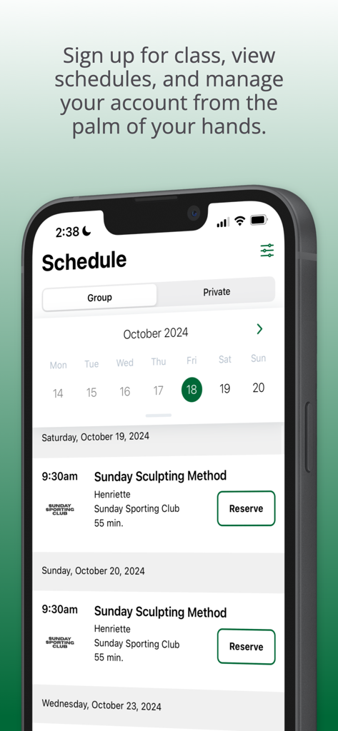 Mobile app interface for Sunday Sporting Club displaying a weekly schedule for Reformer Pilates classes with booking options