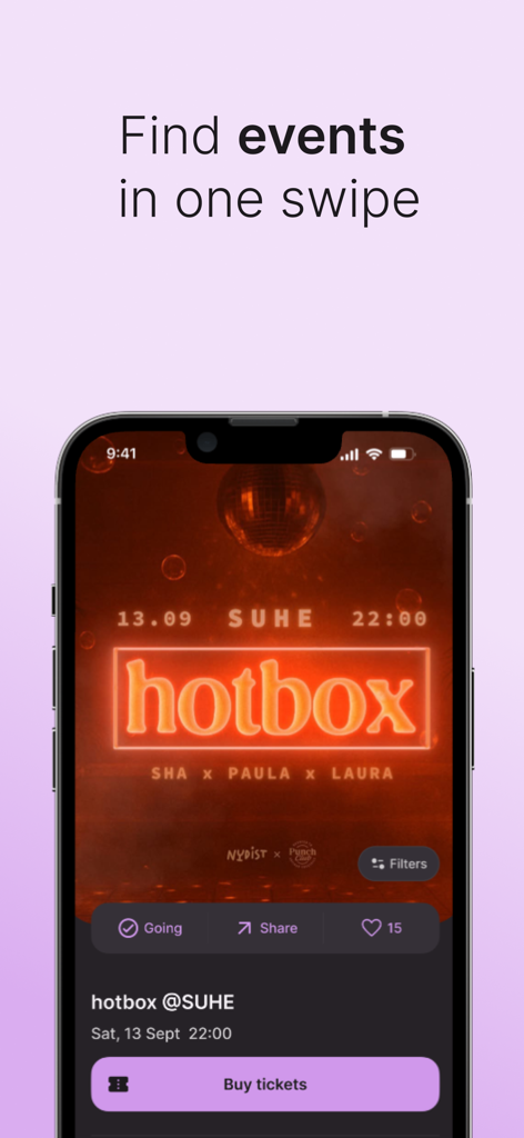 Ela app interface showing a music event with options to swipe, like, and buy tickets