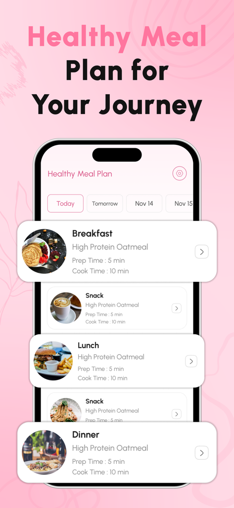 A mobile app interface displaying a healthy pregnancy meal plan with categorized daily meals including breakfast, snacks, and lunch.